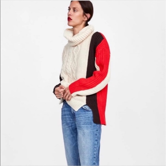 Zara Colorblock Cable Knit Turtleneck Sweater - Picture 8 of 13